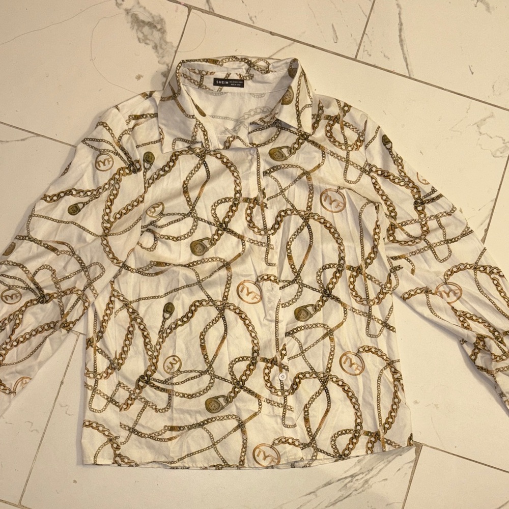 SHEIN Cream and Brown Chain Pattern Top